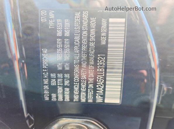 WP1AA2A59LLB13521 2020 PORSCHE MACAN Blue VIN կոդի պիտակի տեսք