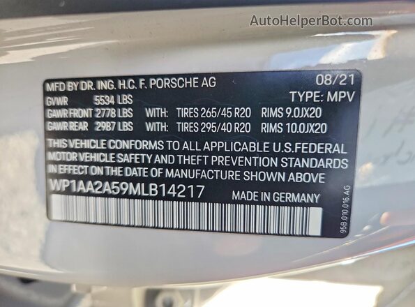WP1AA2A59MLB14217 2021 PORSCHE MACAN Серый Вид наклейки с VIN-кодом