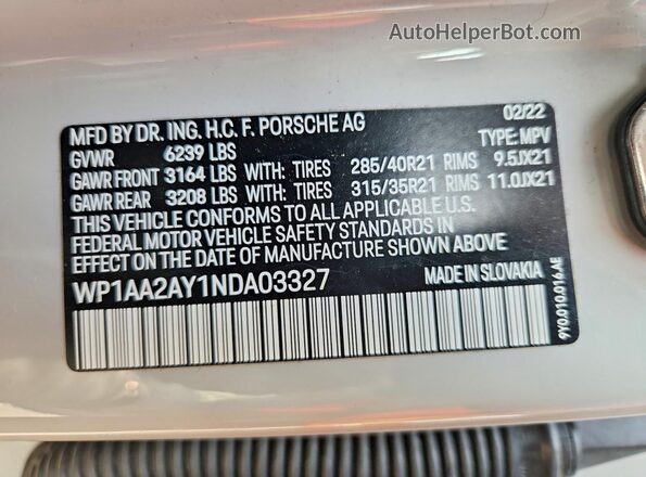 WP1AA2AY1NDA03327 2022 PORSCHE CAYENNE Gray VIN კოდის სტიკერის ხედი