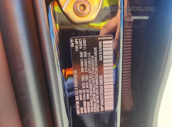 WP1AA2AY2KDA18835 2019 PORSCHE CAYENNE Black Vista de la etiqueta del VIN