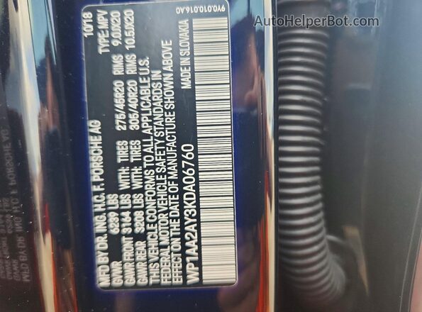 WP1AA2AY3KDA06760 2019 PORSCHE CAYENNE Black Widok naklejki z numerem VIN