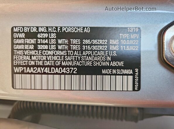 WP1AA2AY4LDA04372 2020 PORSCHE CAYENNE Silver VIN კოდის სტიკერის ხედი