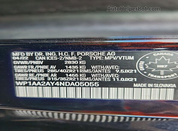 WP1AA2AY4NDA05055 2022 PORSCHE CAYENNE Black Панорамний вид салону 360°