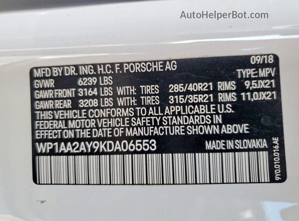 WP1AA2AY9KDA06553 2019 PORSCHE CAYENNE White VIN კოდის სტიკერის ხედი