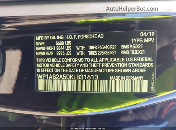 WP1AB2A50KLB31613 2019 PORSCHE MACAN Black Vista del compartimento del motor