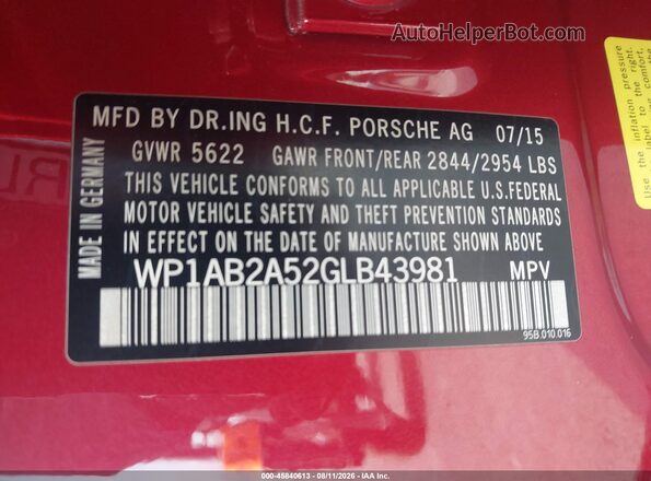 WP1AB2A52GLB43981 2016 PORSCHE MACAN Бордовый Вид подкапотного пространства