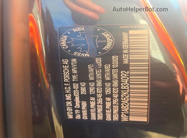 WP1AB2A52KLB34092 2019 PORSCHE MACAN Black Widok naklejki z numerem VIN