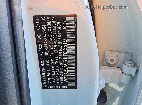 WP1AB2A56JLB36619 2018 PORSCHE MACAN White Vista de la etiqueta del VIN