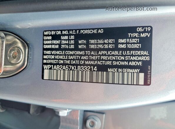 WP1AB2A57KLB33214 2019 PORSCHE MACAN Серебряный Вид наклейки с VIN-кодом