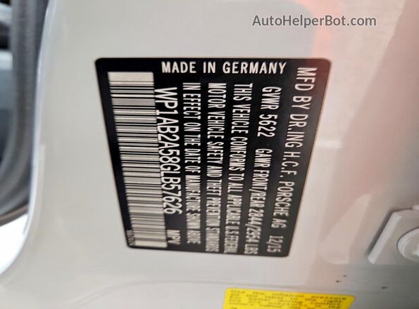 WP1AB2A58GLB57626 2016 PORSCHE MACAN White VIN კოდის სტიკერის ხედი