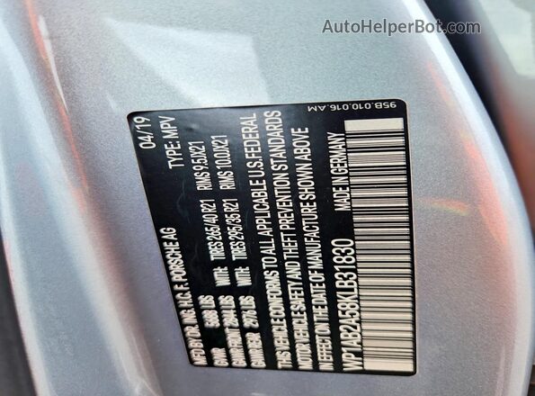 WP1AB2A58KLB31830 2019 PORSCHE MACAN Silver Widok naklejki z numerem VIN