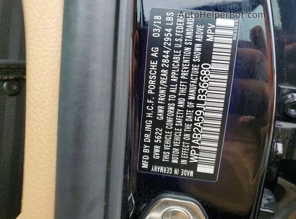 WP1AB2A59JLB36680 2018 PORSCHE MACAN Black VIN կոդի պիտակի տեսք