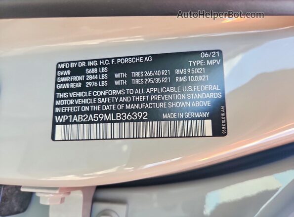 WP1AB2A59MLB36392 2021 PORSCHE MACAN Gray VIN კოდის სტიკერის ხედი