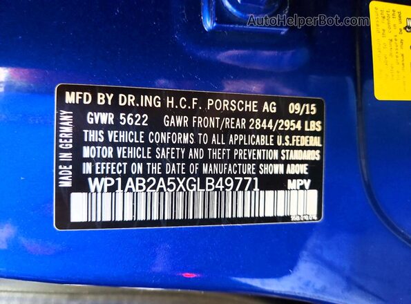 WP1AB2A5XGLB49771 2016 PORSCHE MACAN Blue Vista de la etiqueta del VIN