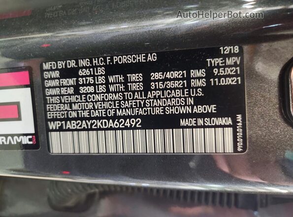 WP1AB2AY2KDA62492 2019 PORSCHE CAYENNE Gray VIN կոդի պիտակի տեսք