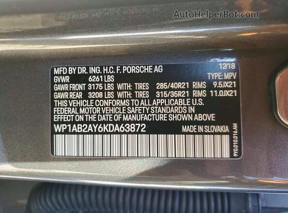WP1AB2AY6KDA63872 2019 PORSCHE CAYENNE Серый Вид наклейки с VIN-кодом
