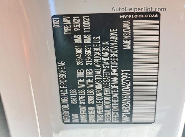 WP1AB2AY6MDA27991 2021 PORSCHE CAYENNE White Вид наклейки з VIN-кодом