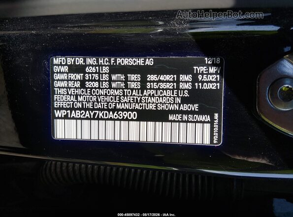 WP1AB2AY7KDA63900 2019 PORSCHE CAYENNE Black Вид підкапотного простору