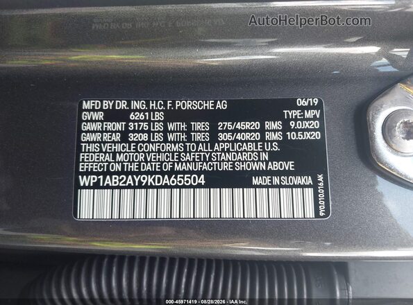 WP1AB2AY9KDA65504 2019 PORSCHE CAYENNE Gray ძრავის განყოფილების ხედი