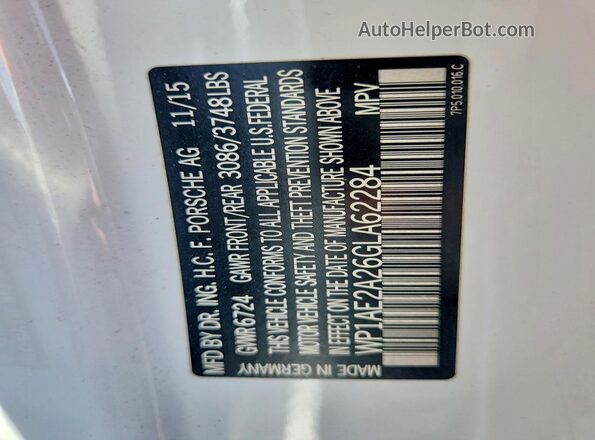 WP1AE2A26GLA62284 2016 PORSCHE CAYENNE White VIN sticker view