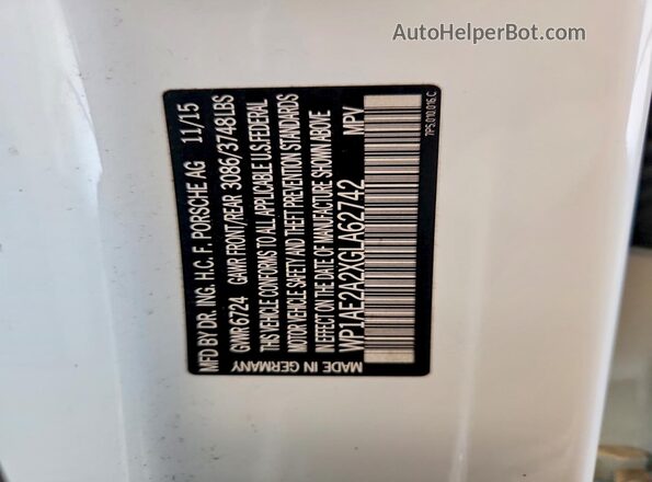 WP1AE2A2XGLA62742 2016 PORSCHE CAYENNE White VIN կոդի պիտակի տեսք