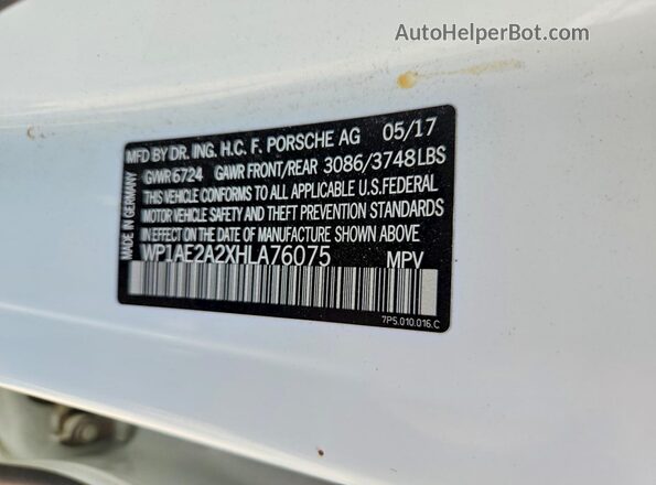 WP1AE2A2XHLA76075 2017 PORSCHE CAYENNE White Вид наклейки з VIN-кодом