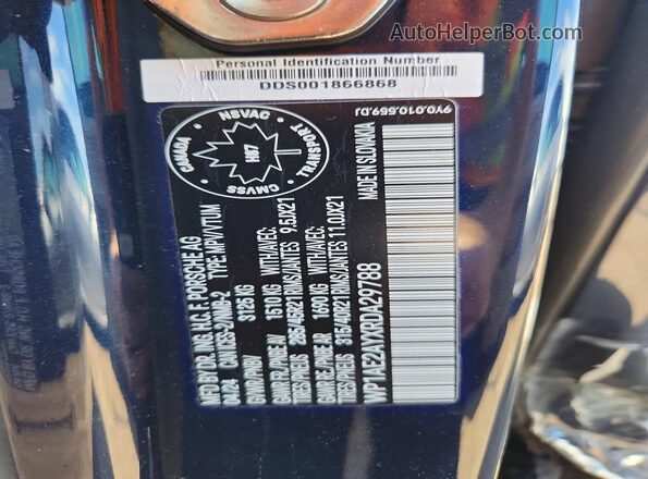 WP1AE2AYXRDA29788 2024 PORSCHE CAYENNE Синий Вид наклейки с VIN-кодом