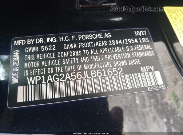 WP1AG2A56JLB61652 2018 PORSCHE MACAN Black Vista del compartimento del motor