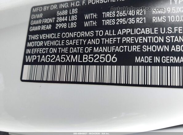 WP1AG2A5XMLB52506 2021 PORSCHE MACAN White Vista del compartimento del motor