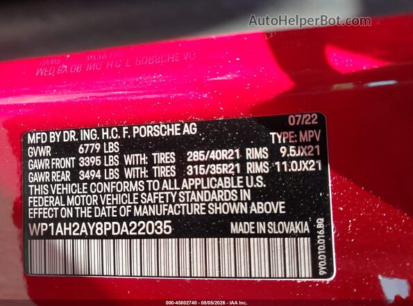 WP1AH2AY8PDA22035 2023 PORSCHE CAYENNE Красный Вид подкапотного пространства