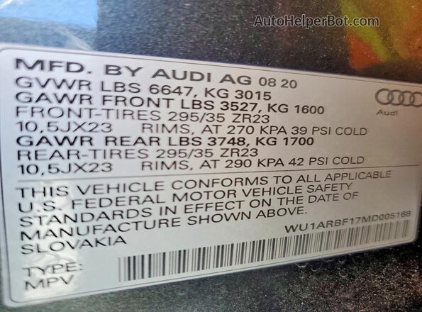 WU1ARBF17MD005168 2021 AUDI RS Charcoal Вид наклейки з VIN-кодом