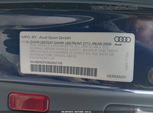 WUABWCF53KA902105 2019 AUDI RS5 Dark Blue Вид підкапотного простору