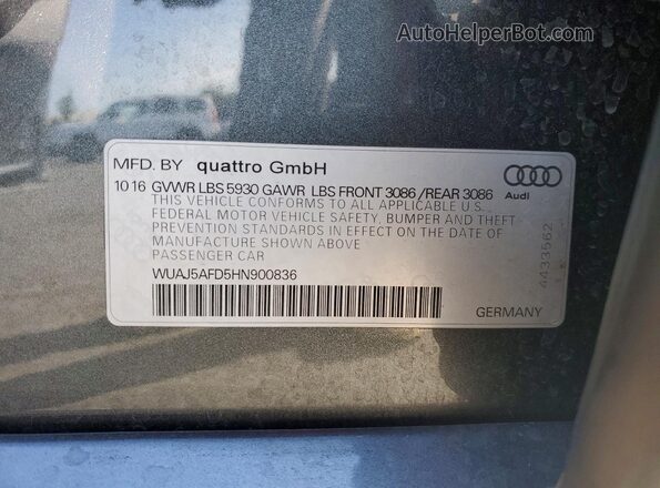 WUAJ5AFD5HN900836 2017 AUDI S8 Gray Շարժիչի բաժամունքի տեսք