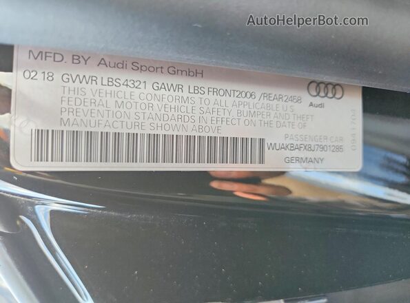 WUAKBAFX8J7901285 2018 AUDI R8 Black VIN կոդի պիտակի տեսք