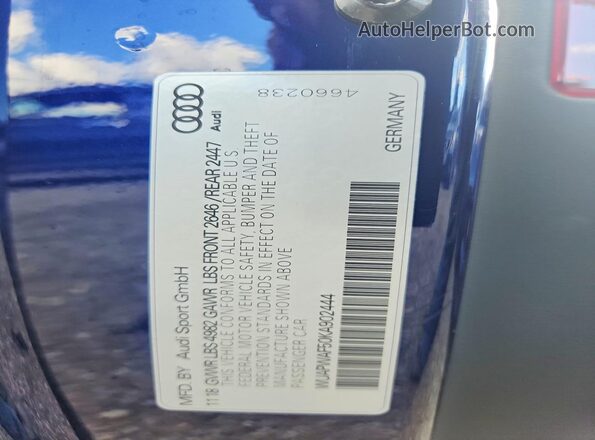 WUAPWAF50KA902444 2019 AUDI RS5 Blue Widok naklejki z numerem VIN