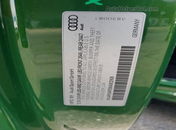 WUAPWAF55KA902908 2019 AUDI RS5 Green VIN կոդի պիտակի տեսք