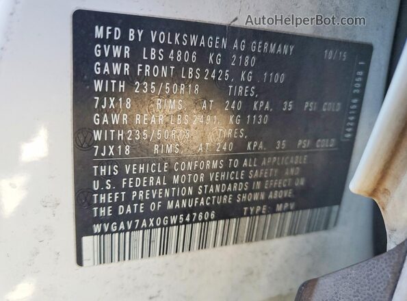 WVGAV7AX0GW547606 2016 VOLKSWAGEN TIGUAN White VIN sticker view