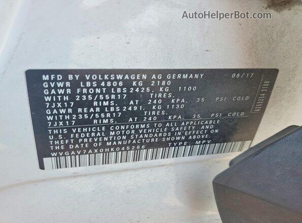 WVGAV7AX0HK045266 2017 VOLKSWAGEN TIGUAN White Vista de la etiqueta del VIN