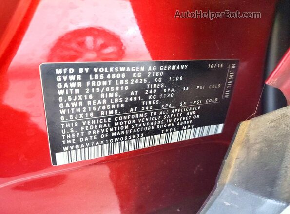 WVGAV7AX1GW052833 2016 VOLKSWAGEN TIGUAN Red Вид наклейки з VIN-кодом