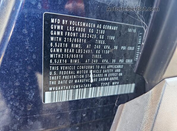 WVGAV7AX1GW547498 2016 VOLKSWAGEN TIGUAN Blue Սալոնի 360 աստիճան տեսք