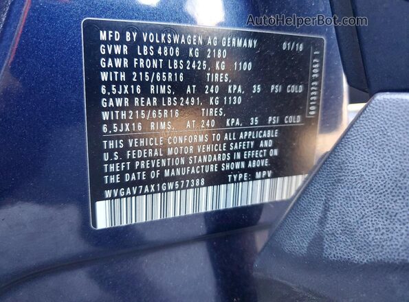 WVGAV7AX1GW577388 2016 VOLKSWAGEN TIGUAN Blue Вид наклейки з VIN-кодом