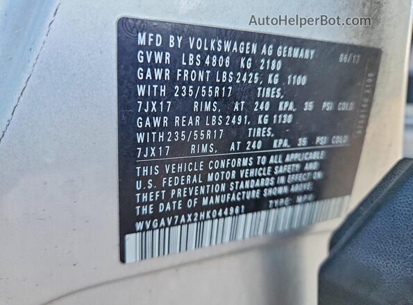 WVGAV7AX2HK044961 2017 VOLKSWAGEN TIGUAN Silver Вид підкапотного простору