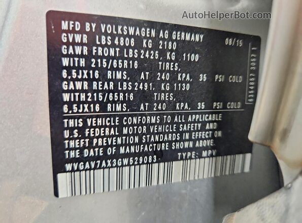WVGAV7AX3GW529083 2016 VOLKSWAGEN TIGUAN Silver Widok naklejki z numerem VIN