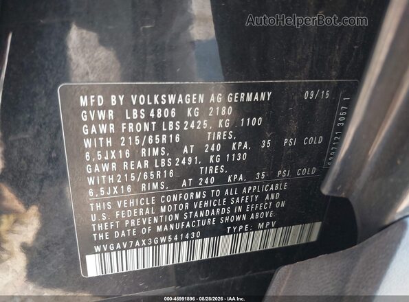 WVGAV7AX3GW541430 2016 VOLKSWAGEN TIGUAN Черный Вид подкапотного пространства