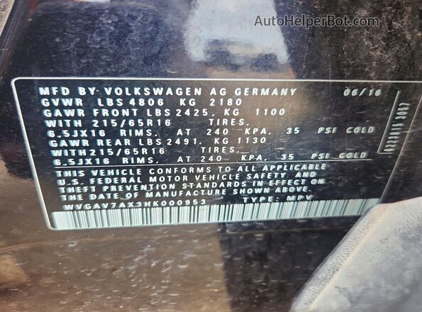 WVGAV7AX3HK000953 2017 VOLKSWAGEN TIGUAN Black Вид наклейки з VIN-кодом