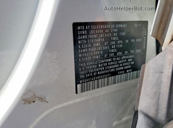 WVGAV7AX3HK033371 2017 VOLKSWAGEN TIGUAN White VIN კოდის სტიკერის ხედი