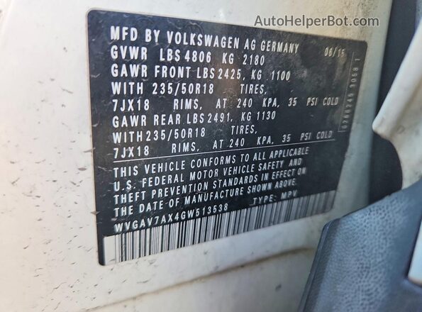 WVGAV7AX4GW513538 2016 VOLKSWAGEN TIGUAN White Вид підкапотного простору