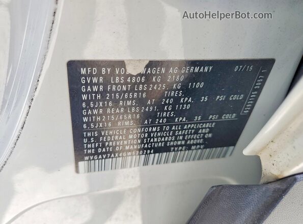 WVGAV7AX4GW520294 2016 VOLKSWAGEN TIGUAN White VIN sticker view