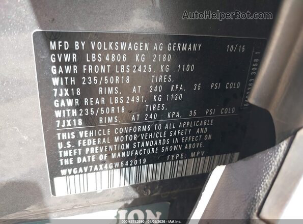 WVGAV7AX4GW542019 2016 VOLKSWAGEN TIGUAN Gray ძრავის განყოფილების ხედი