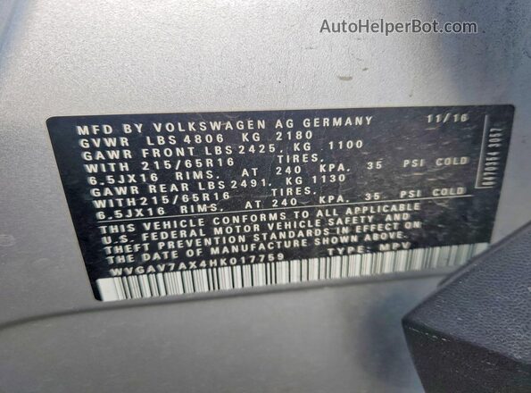 WVGAV7AX4HK017759 2017 VOLKSWAGEN TIGUAN Silver VIN կոդի պիտակի տեսք